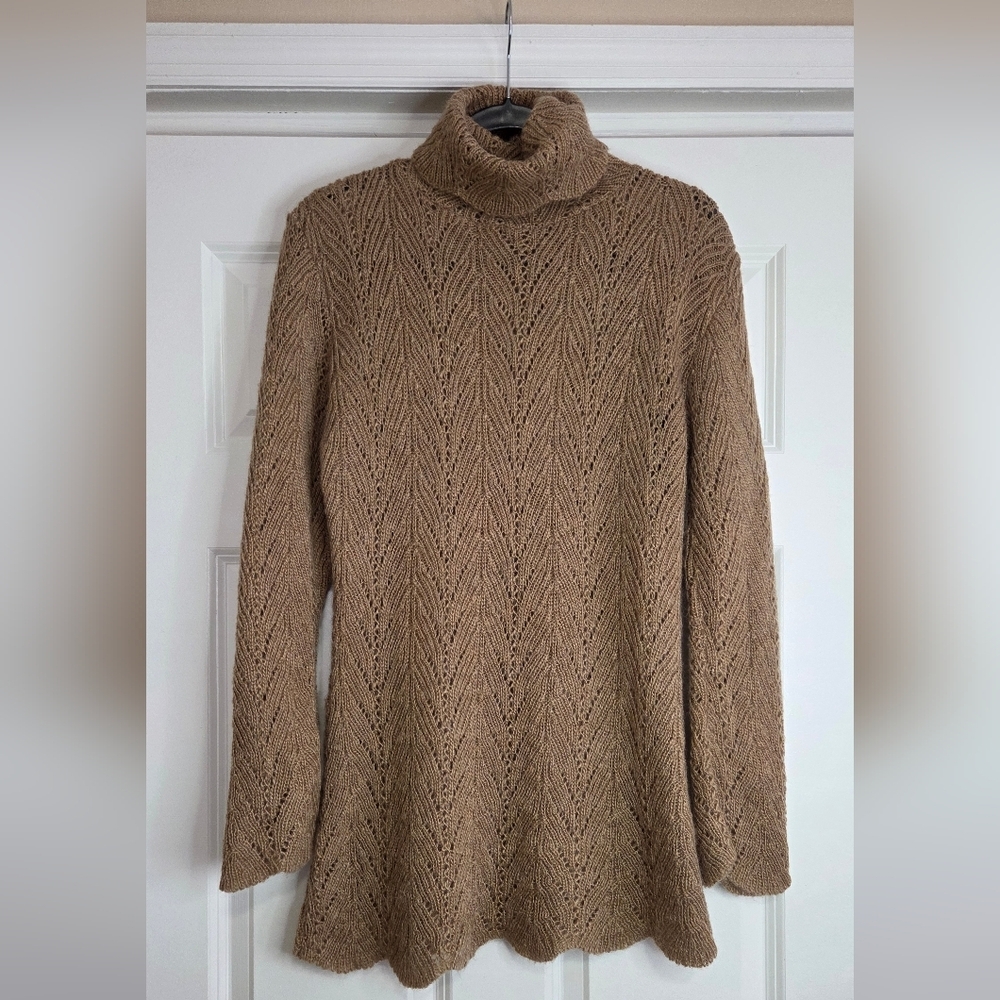 Cotton Emporium Tan 'Leaf Lace' Open Knit Turtleneck Tunic Sweater - Size S
